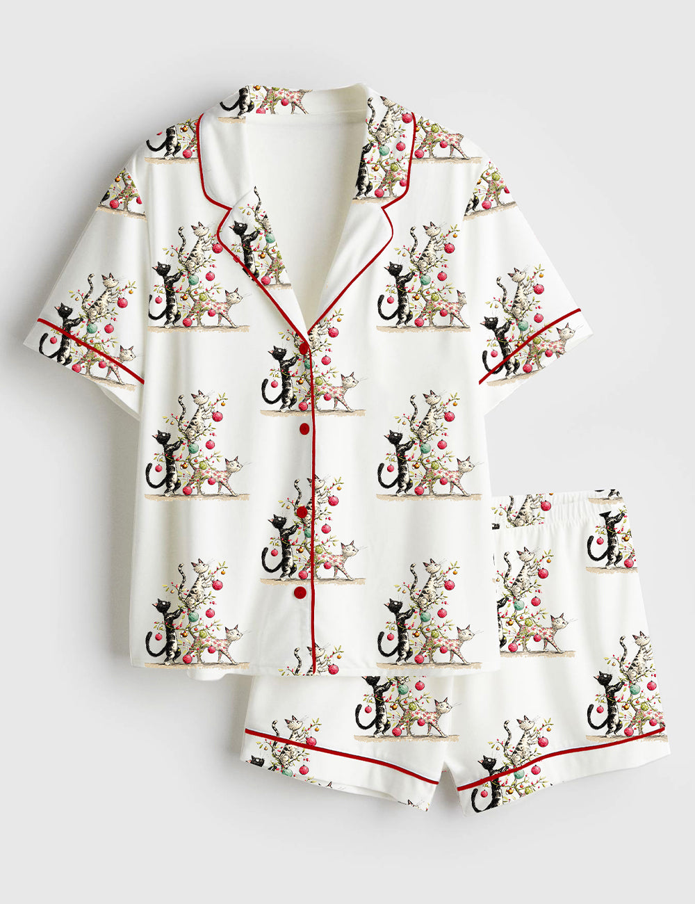 Women’s Whimsical Christmas Cats Watercolor Catmas Cat Lover Short Sleeve Satin Pajama Set