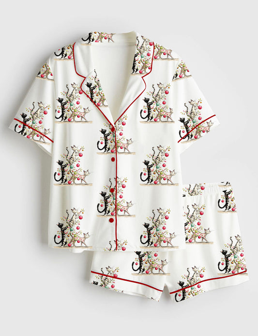 Women’s Whimsical Christmas Cats Watercolor Catmas Cat Lover Short Sleeve Satin Pajama Set