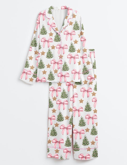 Women’s Coquette Bow Christmas Tree Long Sleeve Satin Pajama Set
