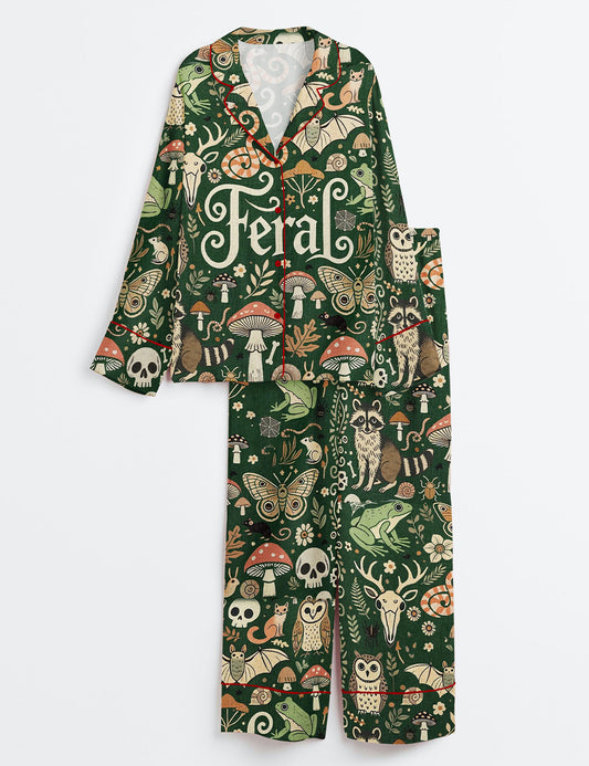 Women’s Feral Goblincore Cute Skeleton Moss & Raccoon Nature Lover Long Sleeve Satin Pajama Set