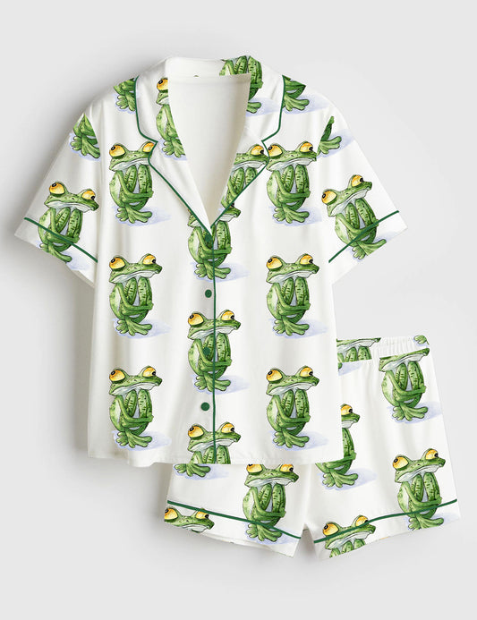 Women’s Silly Frog Hugging Its Body Short Sleeve Satin Pajama Set