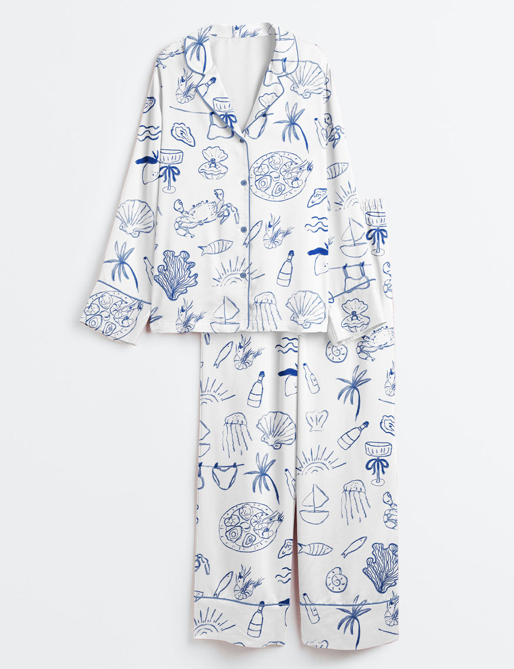 Women’s Hand Drawn Coastal Icon Summer Line Art Dolce Vita Amalfi Coast Print Long Sleeve Satin Pajama Set