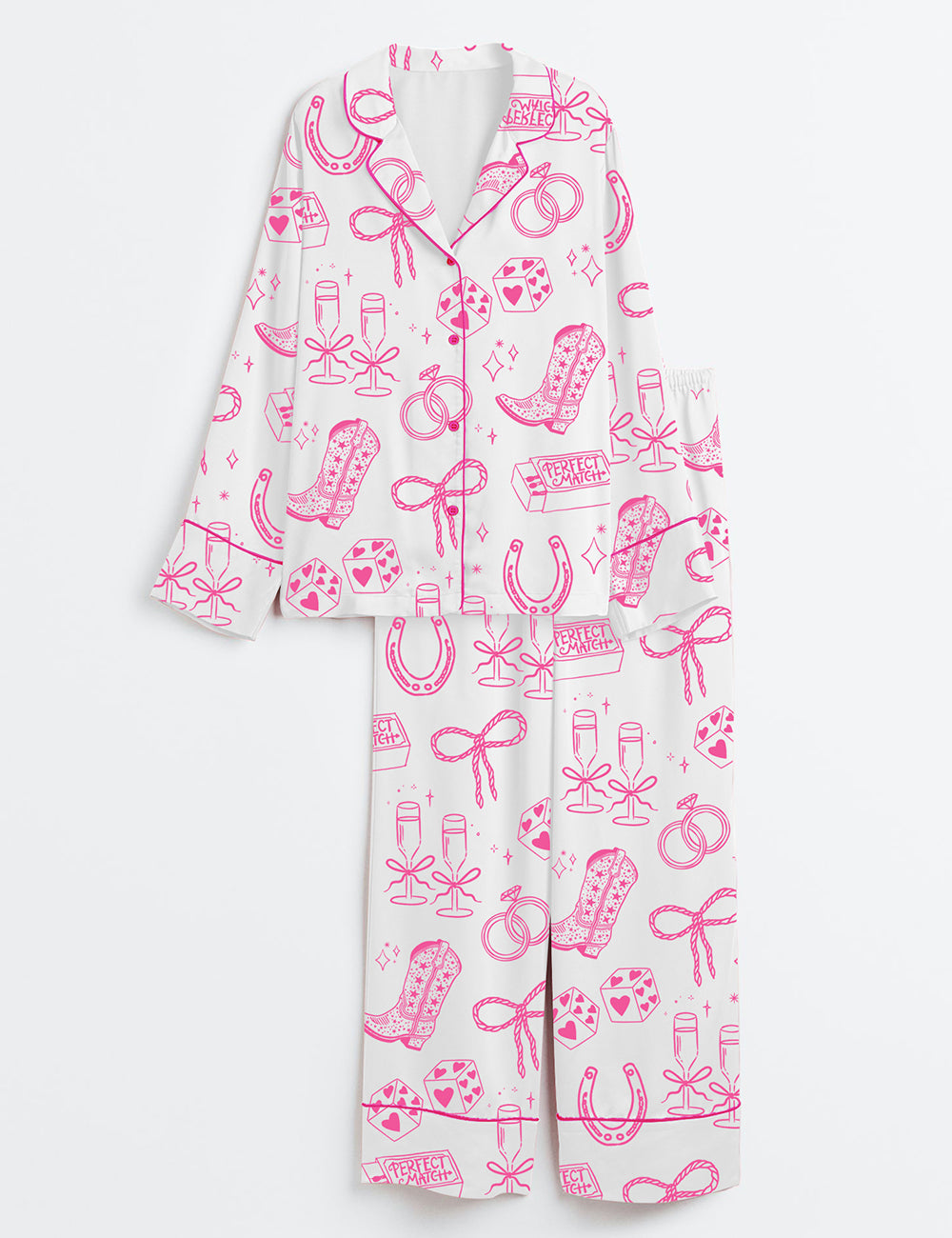 Women’s Going To The Chapel Cowgirl Bride Coquette Bridal Bow Floral Wedding Long Sleeve Satin Pajama Set