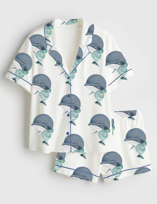 Women’s Cute Nautical Animal Baby Whale Maritime Sea Ocean Whale Short Sleeve Satin Pajama Set