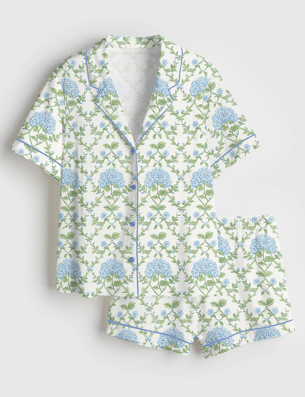 Women’s Blue And Green Hydrangea Short Sleeve Satin Pajama Set