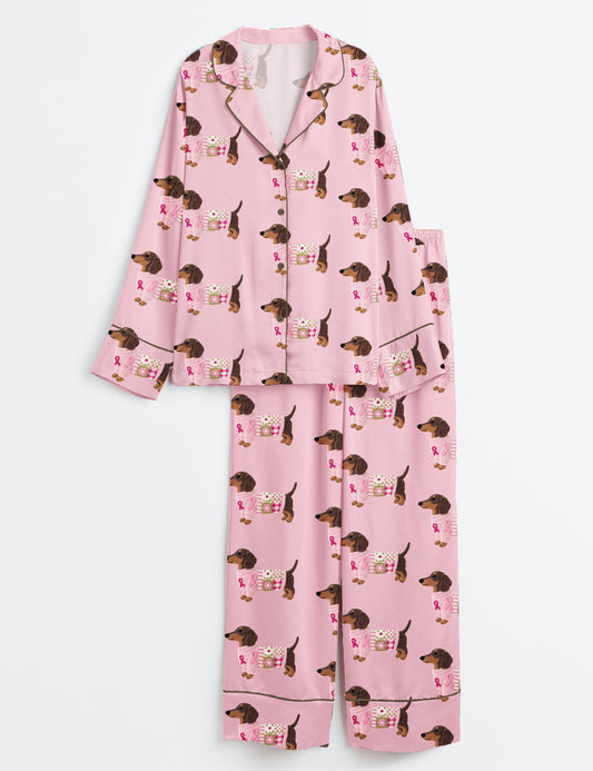 Women’s Dachshund In Pink Clothes Breast Cancer Awareness Long Sleeve Satin Pajama Set