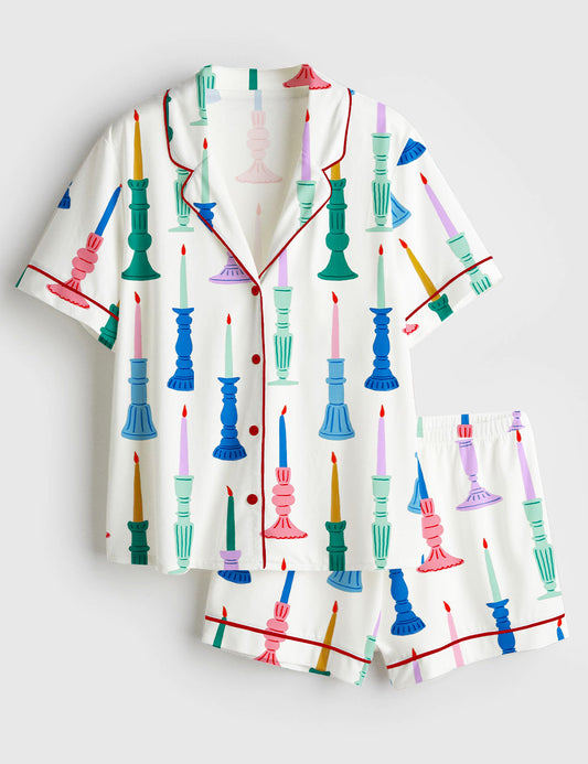 Women’s Christmas Candle Short Sleeve Satin Pajama Set