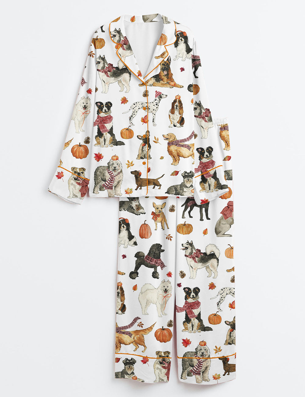 Women's Cozy Fall Dogs Pumpkin Halloween Dogs Long Sleeve Satin Pajama Set