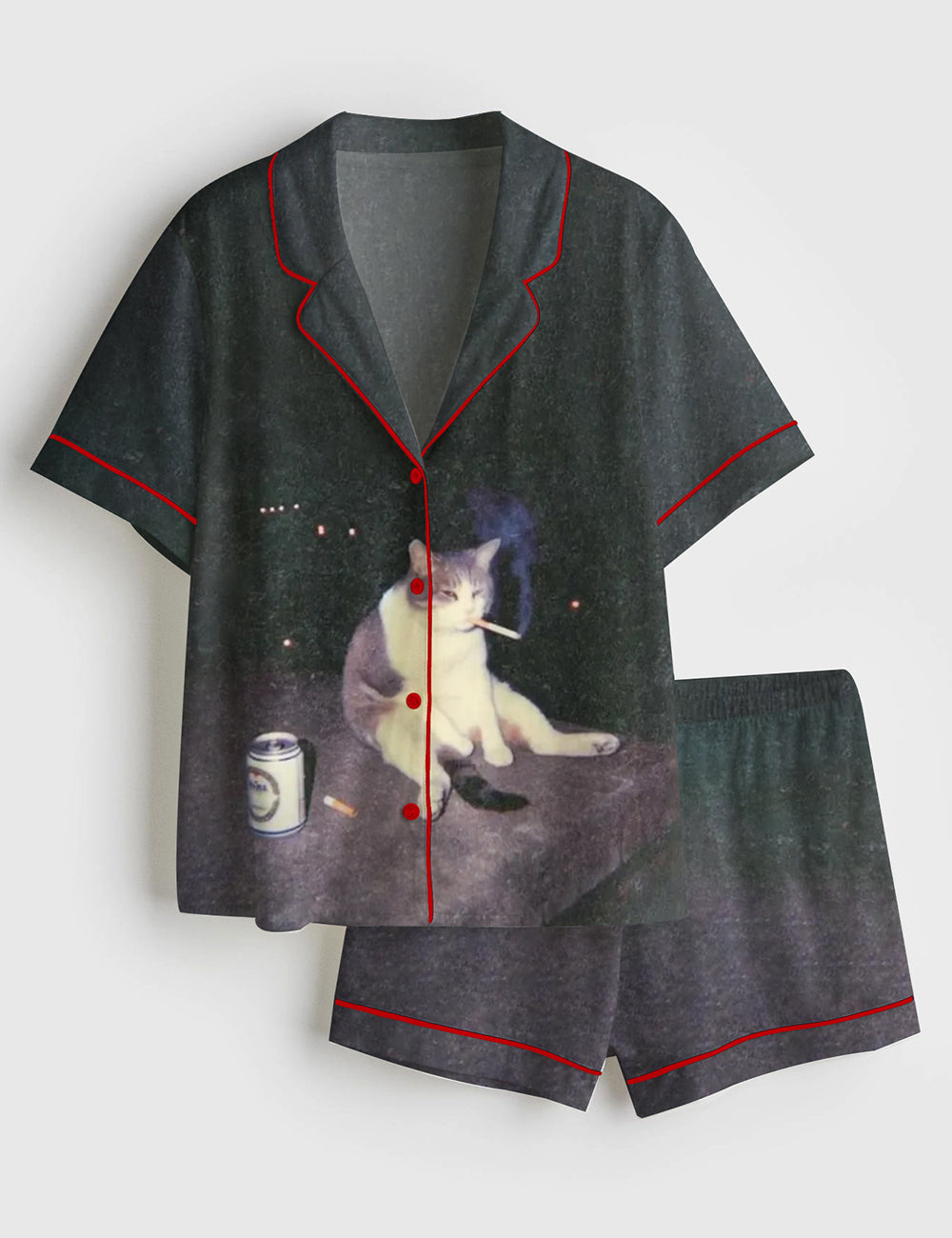 Women’s Fat Cat Smoking And Drinking Short Sleeve Satin Pajama Set