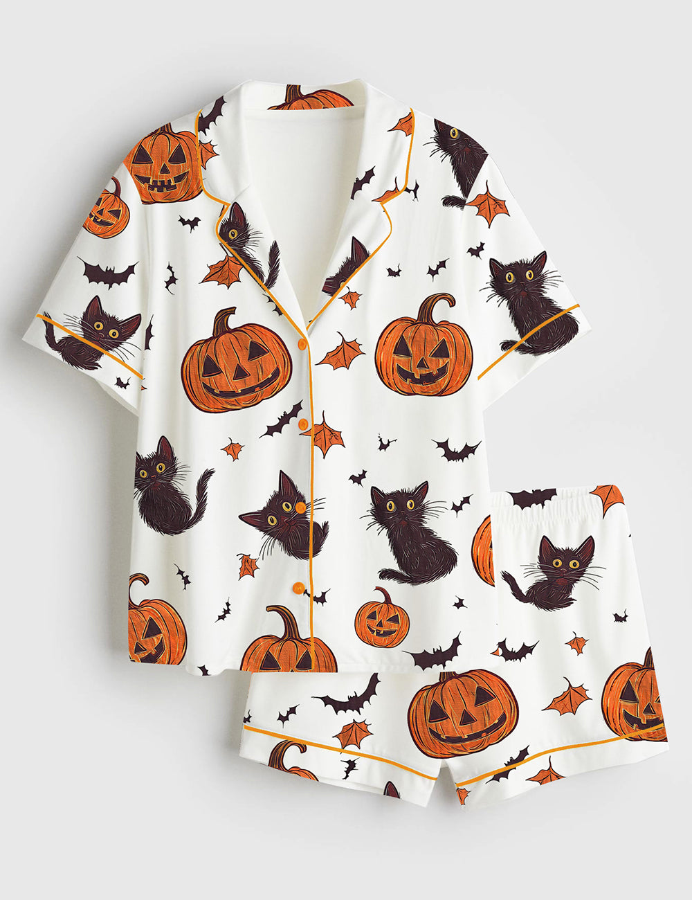 Women’s Halloween Pumpkin Cat Short Sleeve Satin Pajama Set