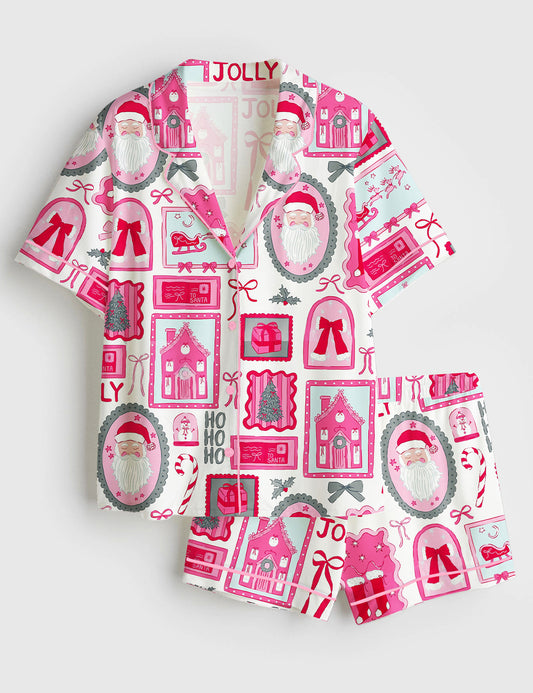Women’s Trendy Holiday Christmas Coquette Bow Girly Holiday Short Sleeve Satin Pajama Set