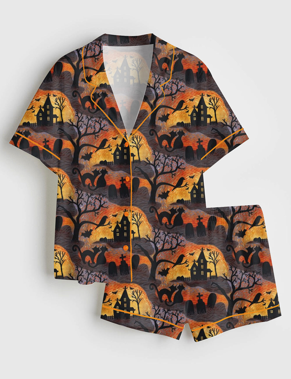 Women’s Spooky Halloween Haunts Trick Or Treat Horror Night Black Cat Short Sleeve Satin Pajama Set