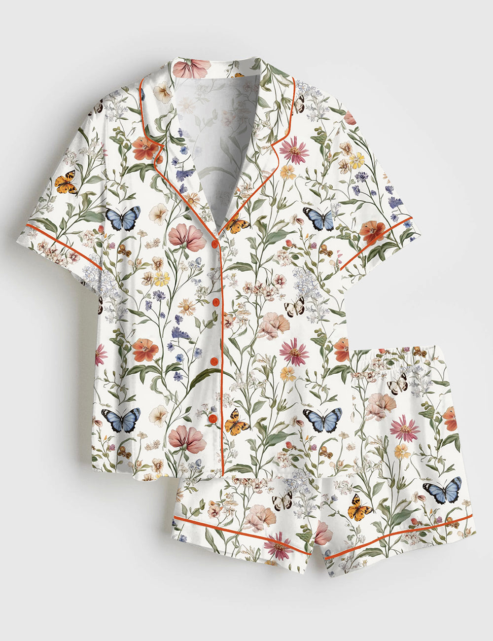 Women’s Wildflower Butterfly Vintage Spring Wildflower Print Short Sleeve Satin Pajama Set