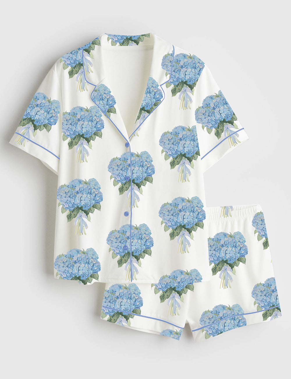 Women’s Blue Hydrangea Short Sleeve Satin Pajama Set