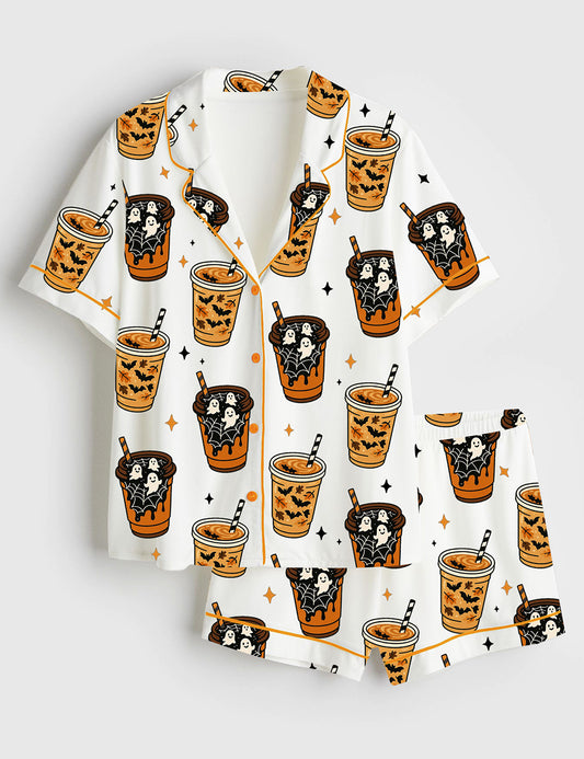 Women’s Freshly Boo’d Coffee Halloween Ghost Coffee Scream And Sugar Short Sleeve Satin Pajama Set