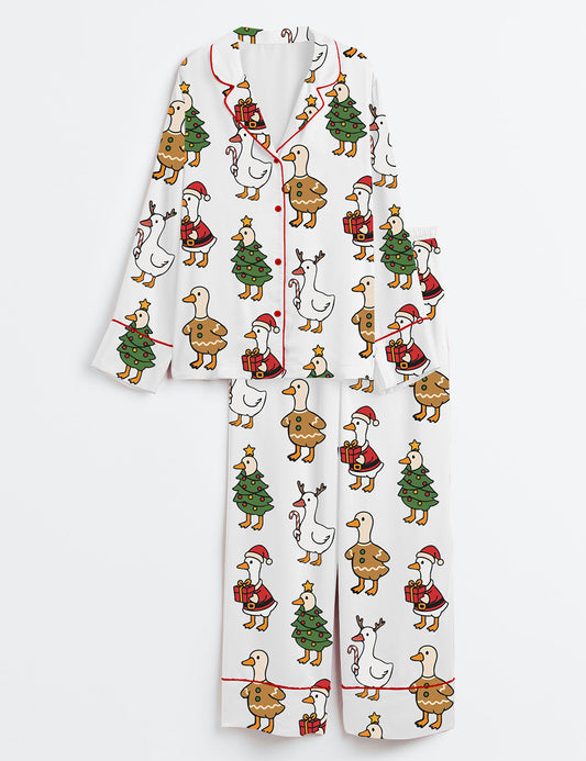 Women’s Just A Jolly Goose Duck Christmas Long Sleeve Satin Pajama Set