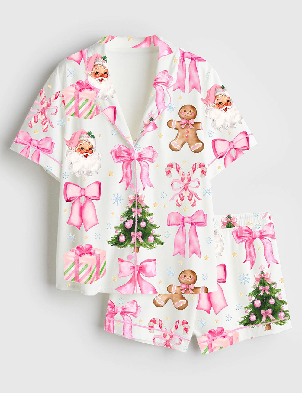 Women’s Coquette Christmas Candy Cane Pink Bows Santa Christmas Tree Short Sleeve Satin Pajama Set
