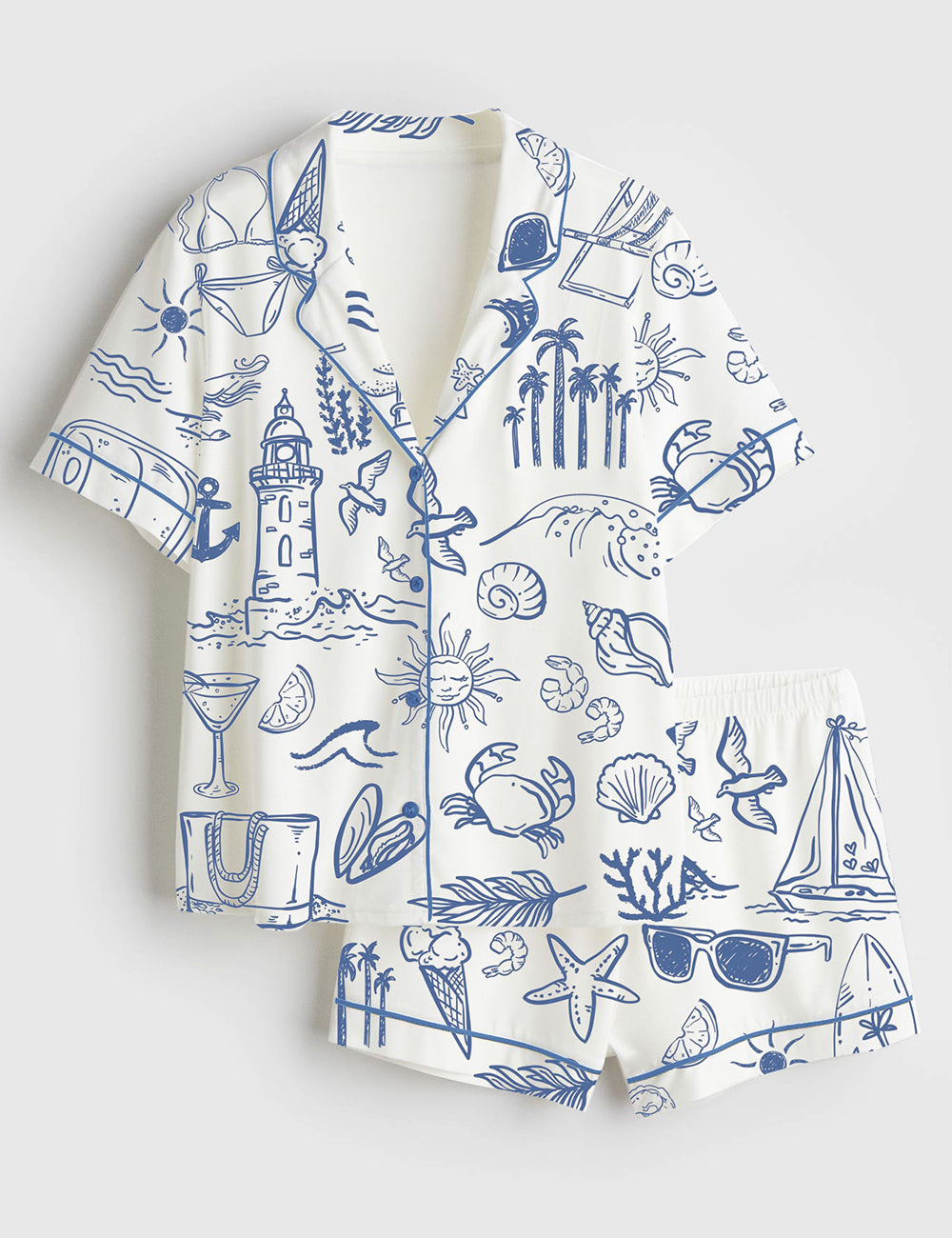 Women's Coastal Whimsical Style Summer Beach Bachelorette Short Sleeve Satin Pajama Set