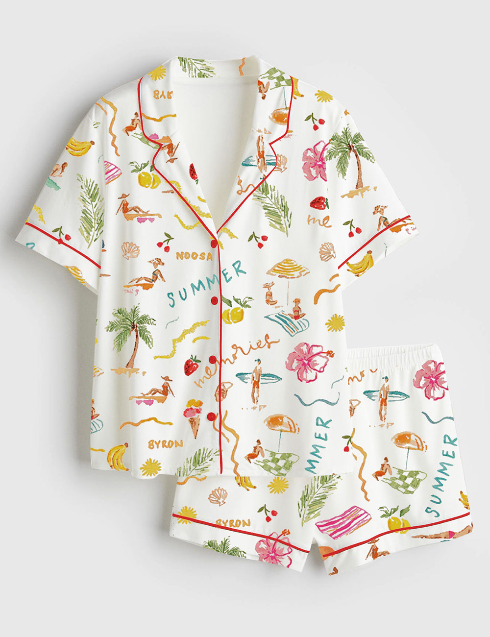 Women’s Summer Memories Fruity Cocktails Tropical Trees Sandy Beaches Short Sleeve Satin Pajama Set