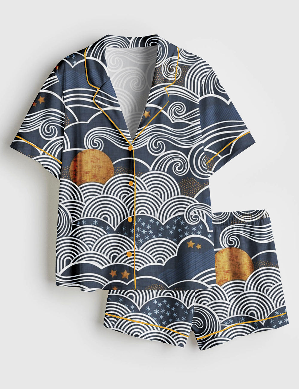 Women’s Cozy Night Sky Navy Blue Full Moon and Stars Over the Clouds Moody Sky Short Sleeve Satin Pajama Set