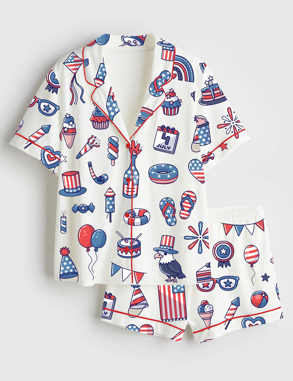 Women’s Stars And Stripes 4th Of July Independence Day Patriotic Illustration Short Sleeve Satin Pajama Set