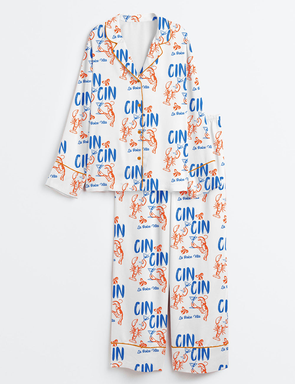 Women’s Martini Lobster Fisherman Aesthetic Lobster La Dolce Vita Coastal Ocean Beach Cocktail Print Long Sleeve Satin Pajama Set