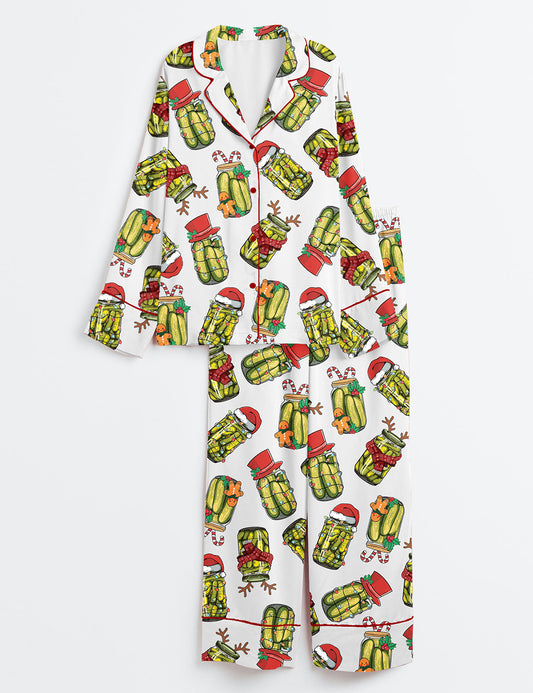 Women’s Retro Canned Pickles Christmas Light Long Sleeve Satin Pajama Set