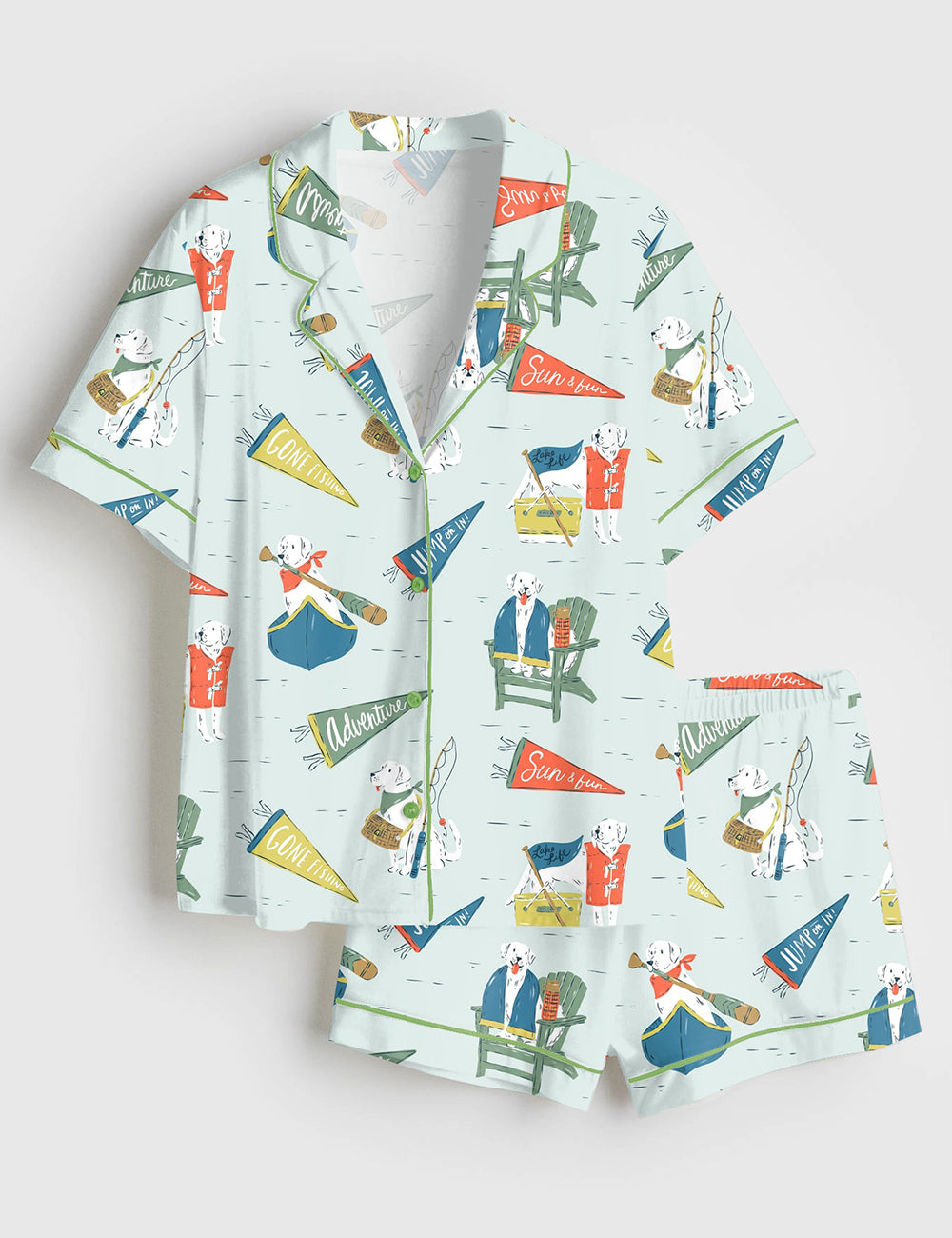 Women’s Lake Life Dog Art Lakeside Summer Art Lake House Fishing Camp Canoeing Short Sleeve Satin Pajama Set