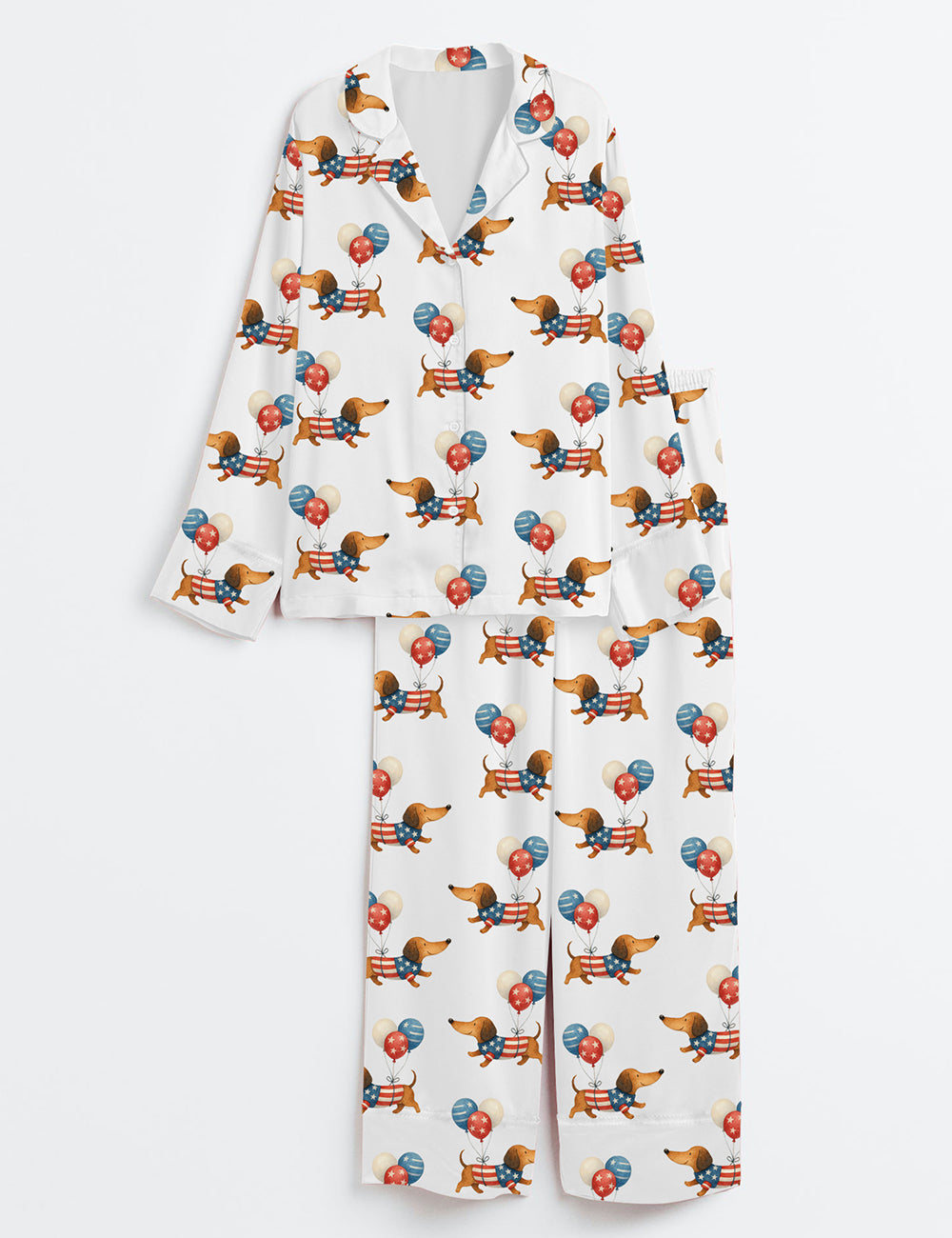 Women’s 4th Of July Pet Dog Lovers Watercolor America Flag Dachshund Dog Print Long Sleeve Satin Pajama Set