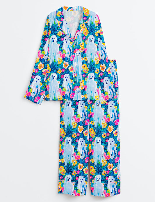 Women’s Preppy Spooky Ghost Fall Floral Halloween Ghost Long Sleeve Satin Pajama Set