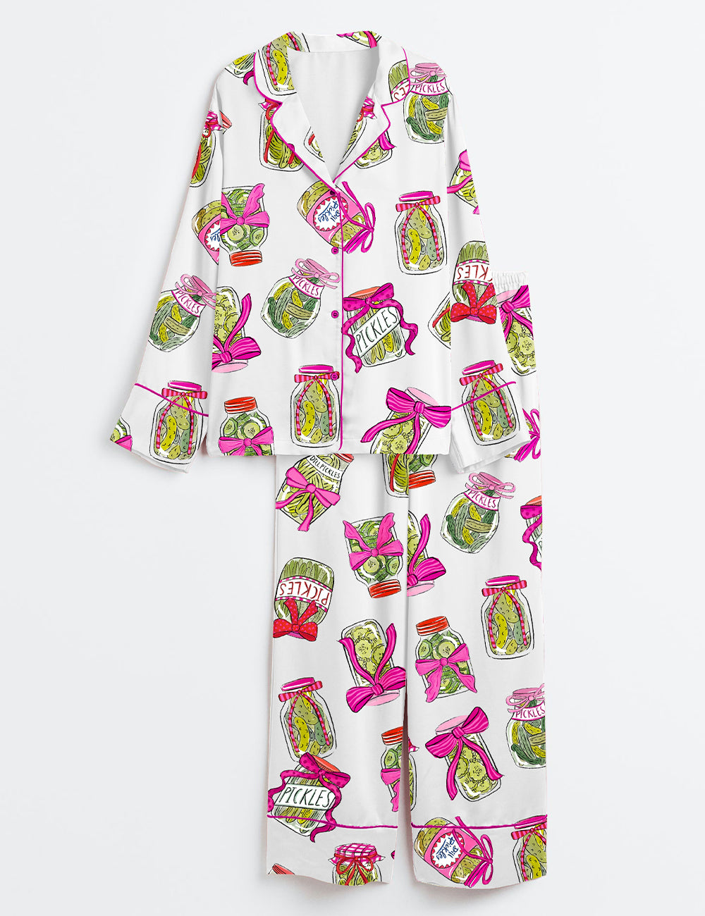 Women’s Pickle Lover Pink Bows Long Sleeve Satin Pajama Set