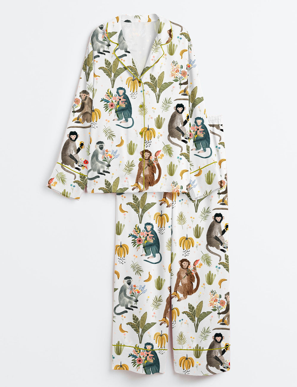 Women's Wildflower Bouquets With A Side Of Monkey Bananas Long Sleeve Satin Pajama Set