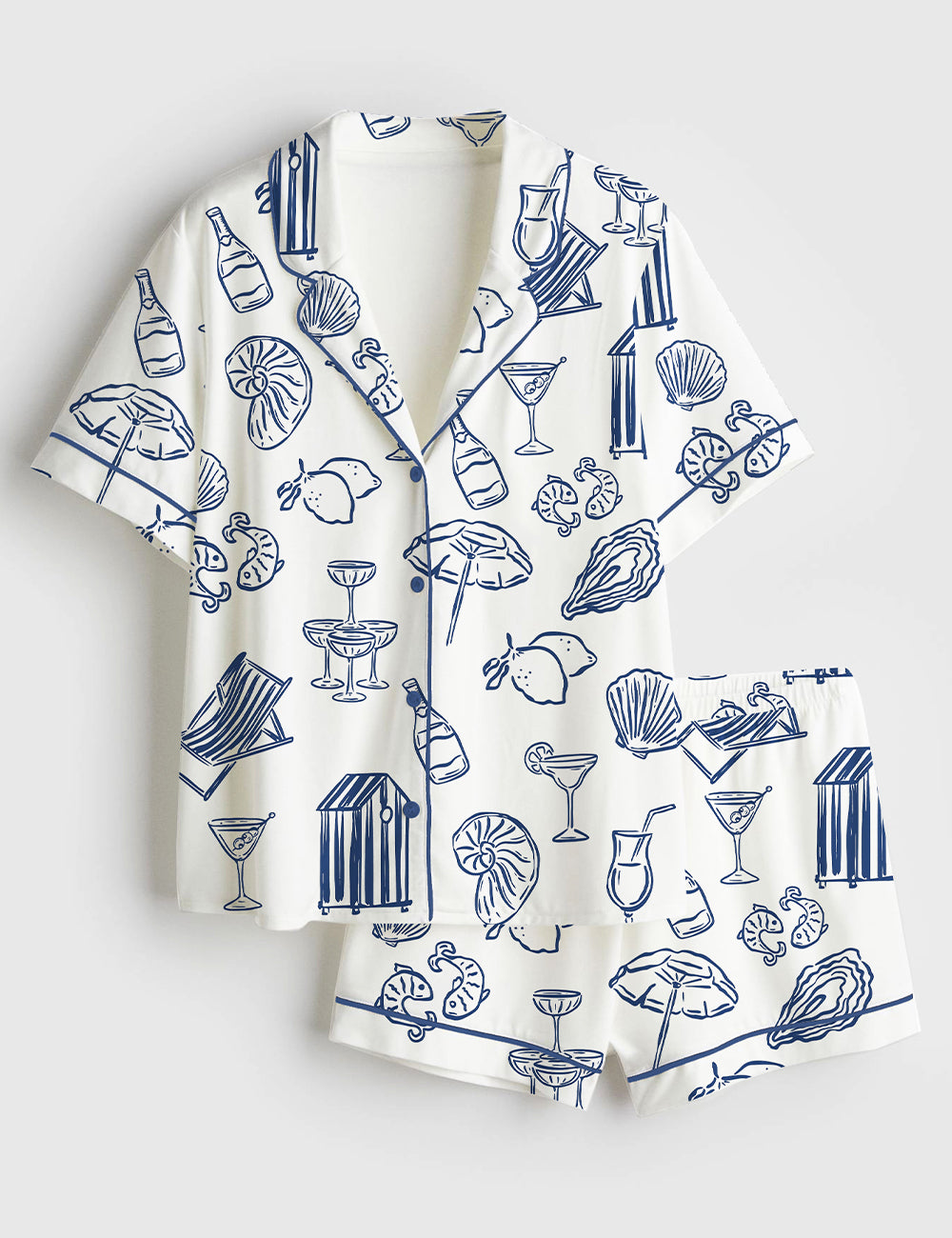 Women’s Hand Drawn Wedding Illustrations In Mediterranean Style Short Sleeve Satin Pajama Set