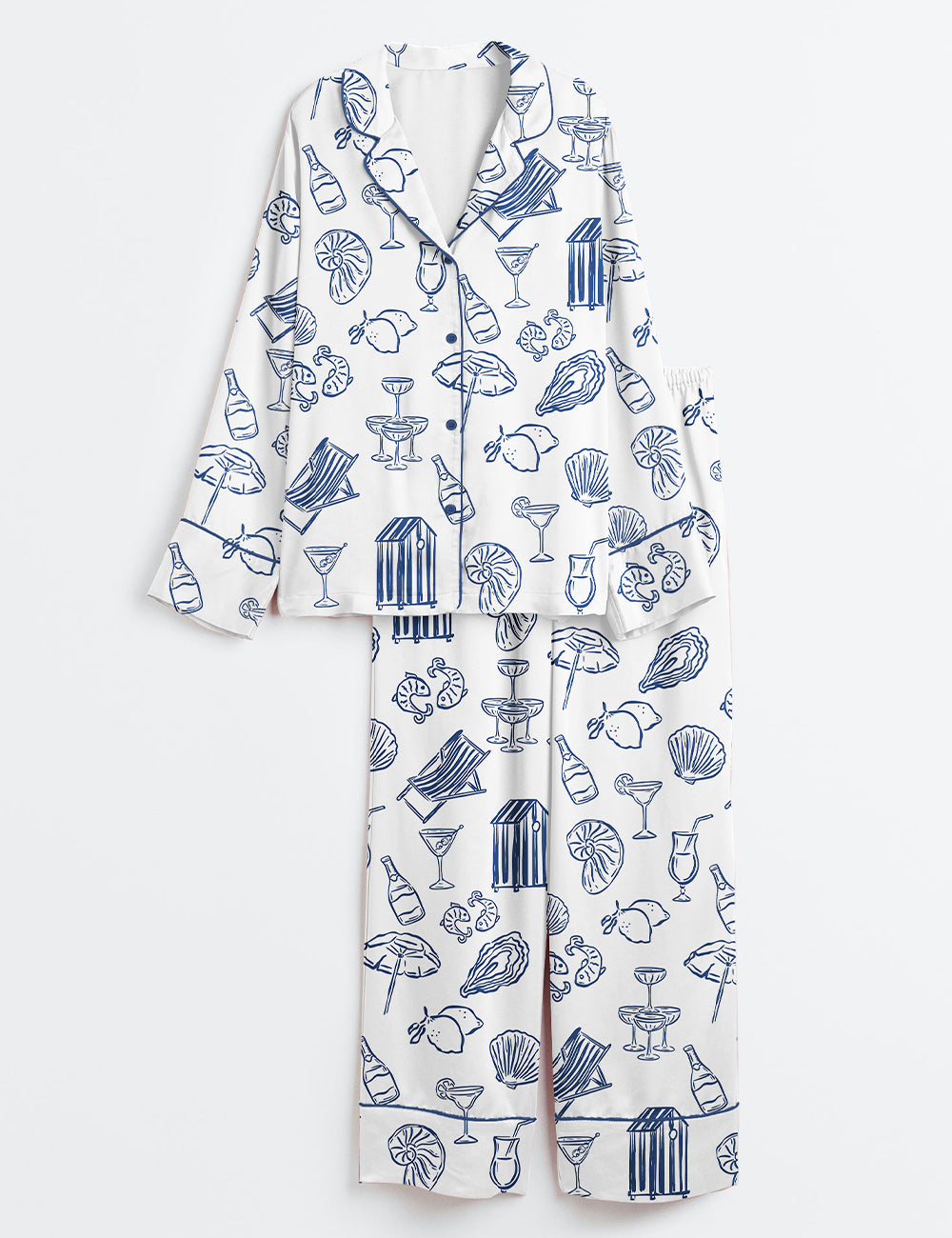 Women’s Hand Drawn Wedding Illustrations In Mediterranean Style Long Sleeve Satin Pajama Set