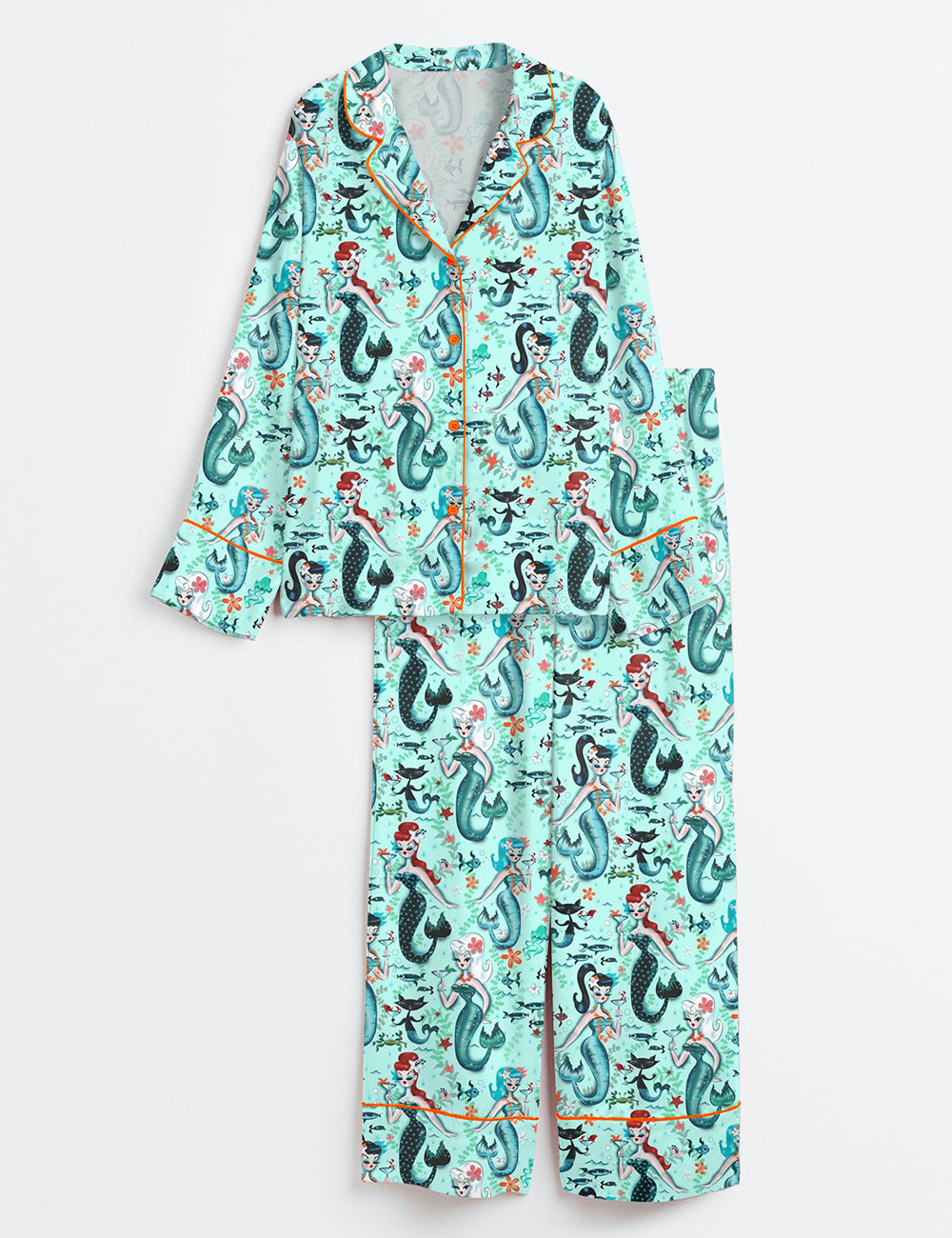 Women’s Aqua Retro Mermaids Teal Pinup Girls Martini Mermaids Long Sleeve Satin Pajama Set