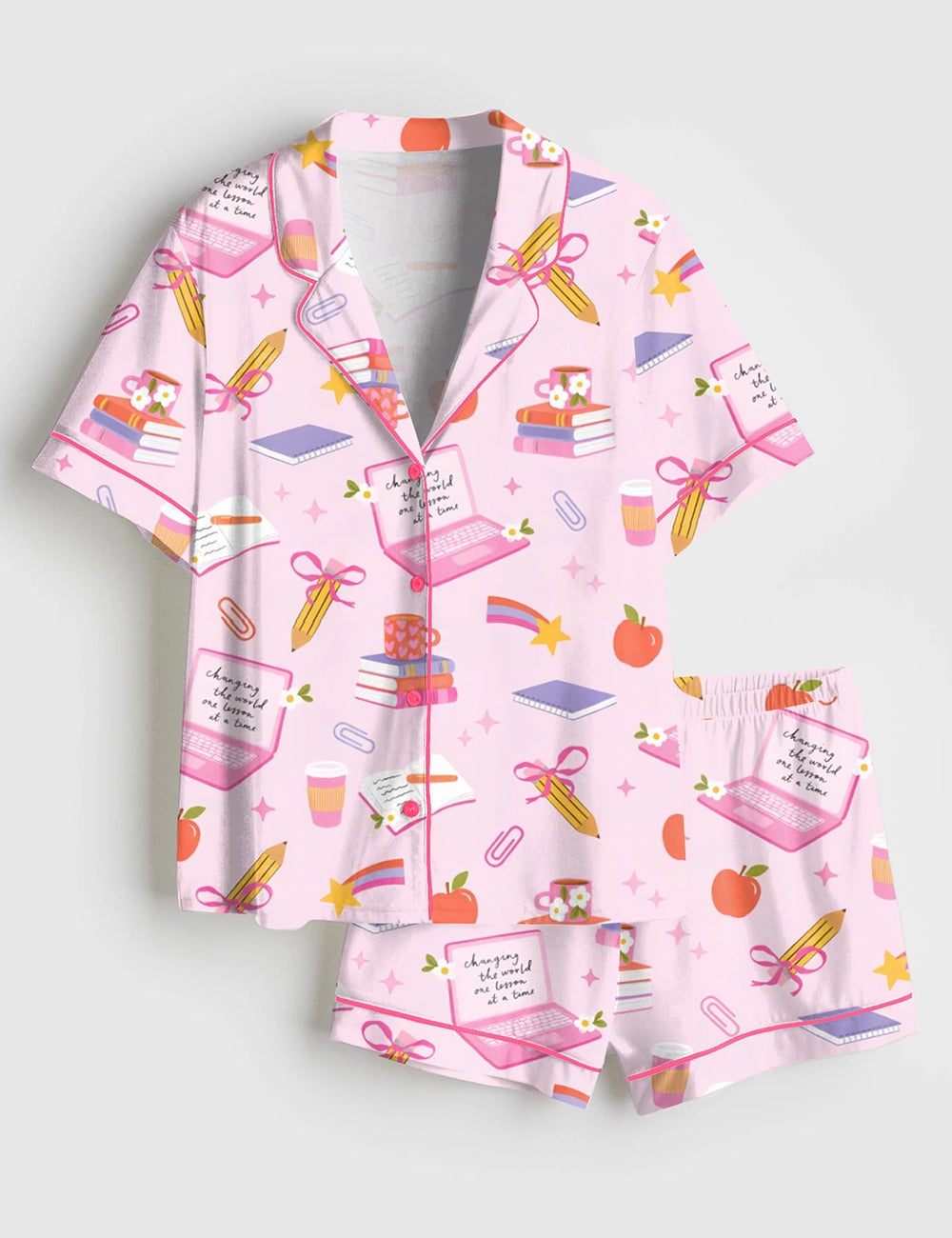 Women’s Pink Coquette Girly Teacher Short Sleeve Satin Pajama Set