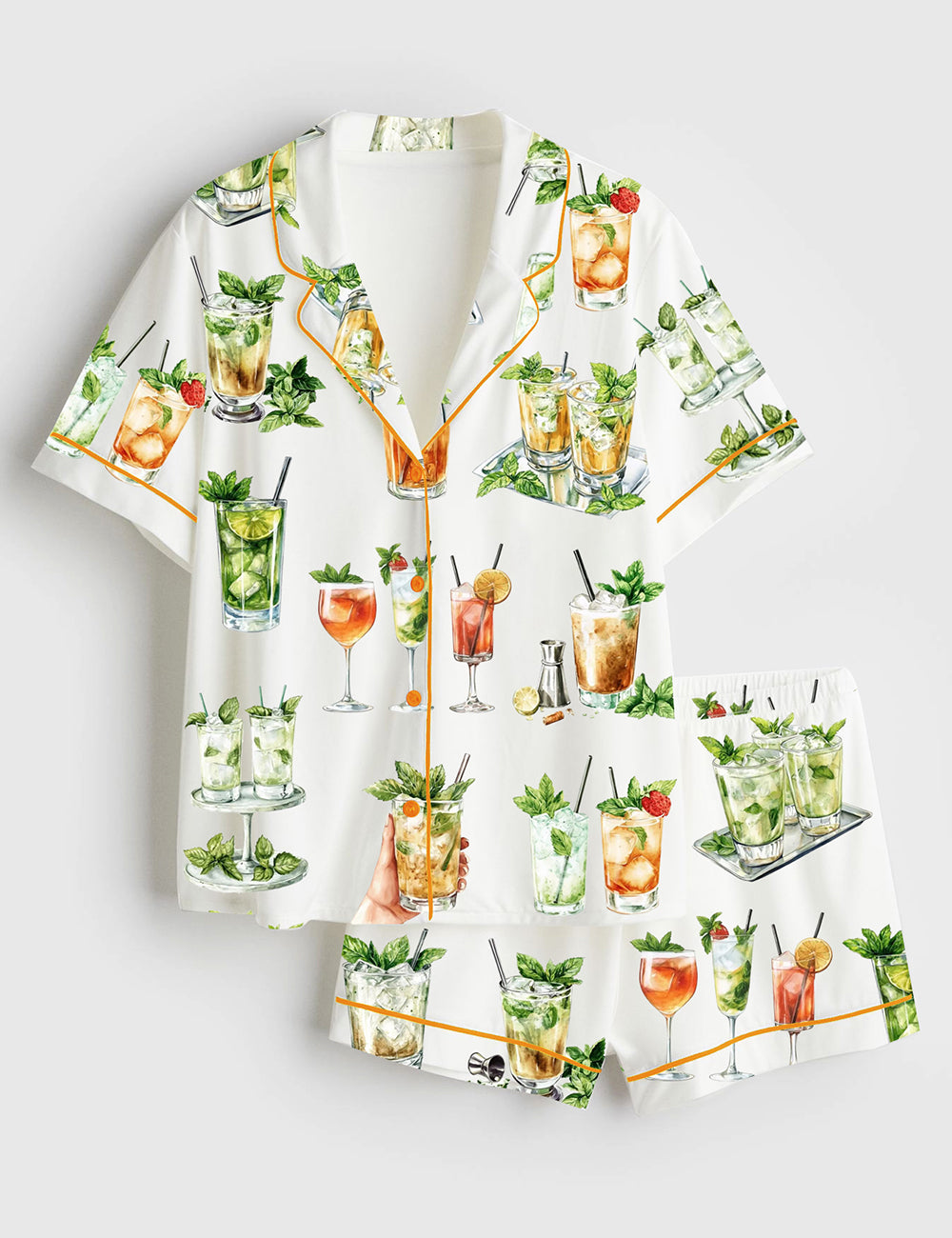 Women’s Watercolor Mint Julep Cocktail Alcoholic Mixed Drink Wedding Short Sleeve Satin Pajama Set
