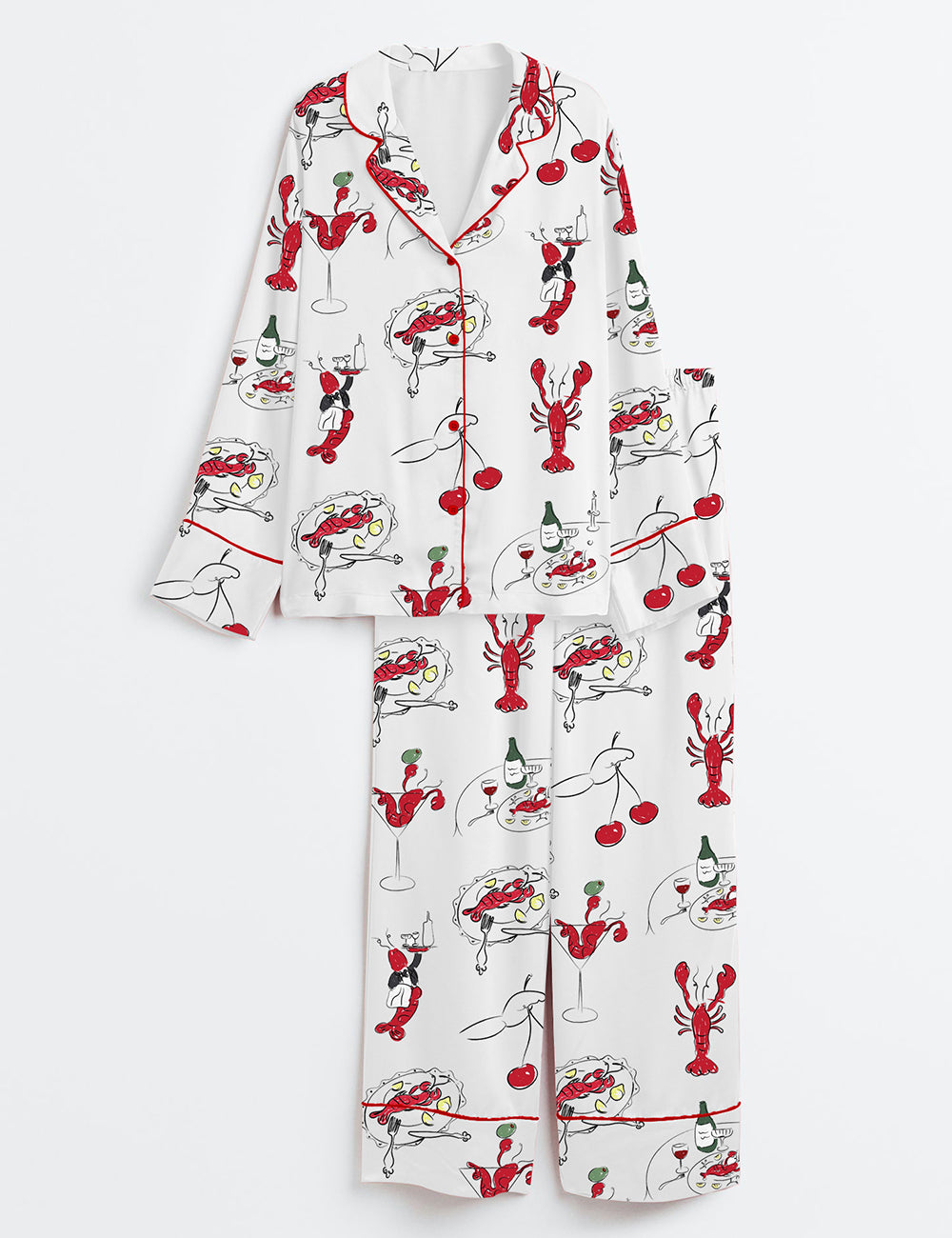 Women’s Hand Drawn Lobster Whimsical Art Icon Wedding Menu Crayfish Crawfish Print Long Sleeve Satin Pajama Set
