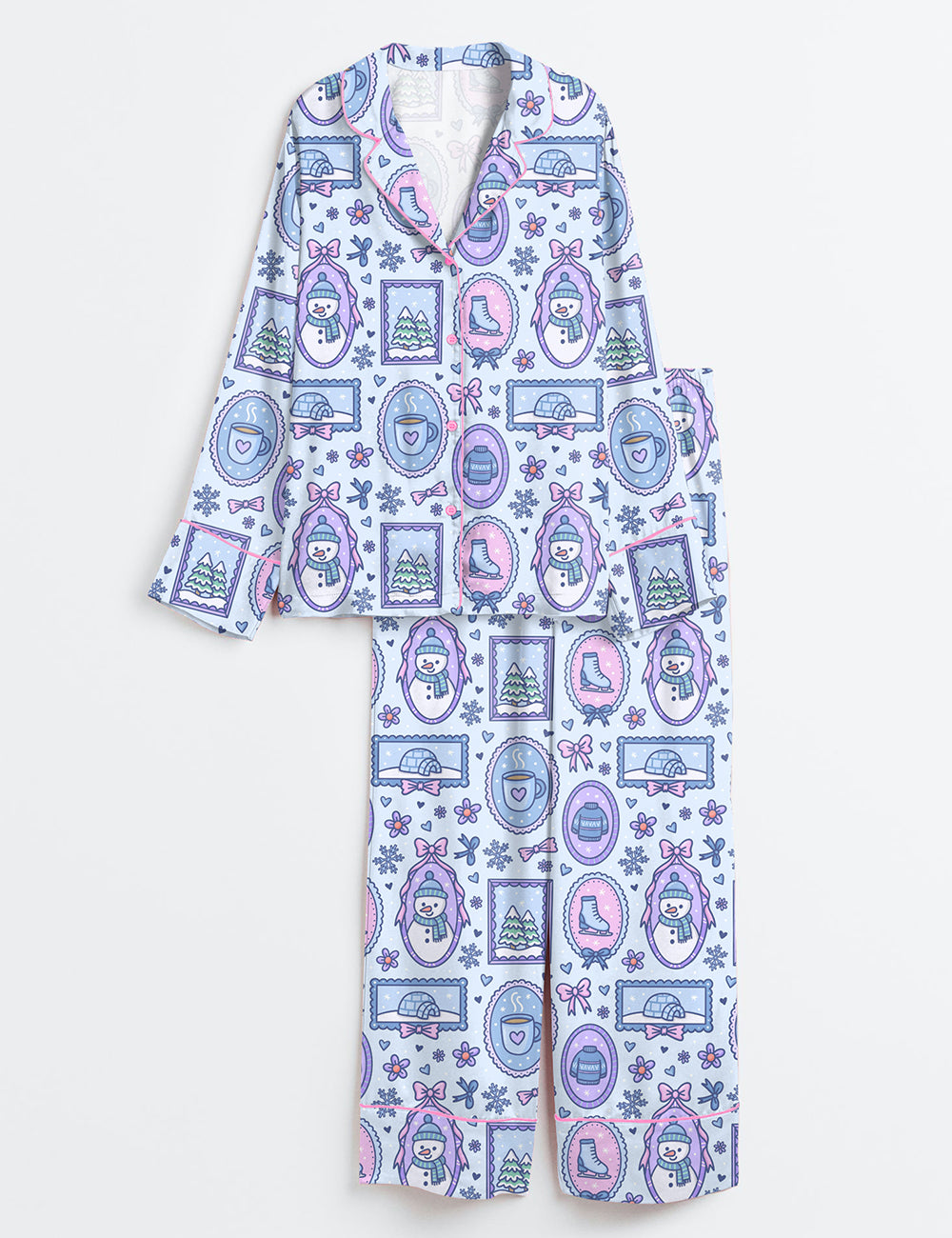 Women’s Christmas Hand-Drawn Snowflakes Cute Snowmen Pastel Ice Skates Long Sleeve Satin Pajama Set