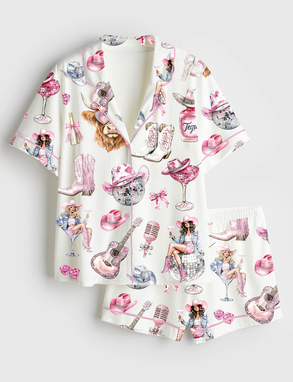 Women's Western Cowgirl Highland Cow Short Sleeve Satin Pajama Set