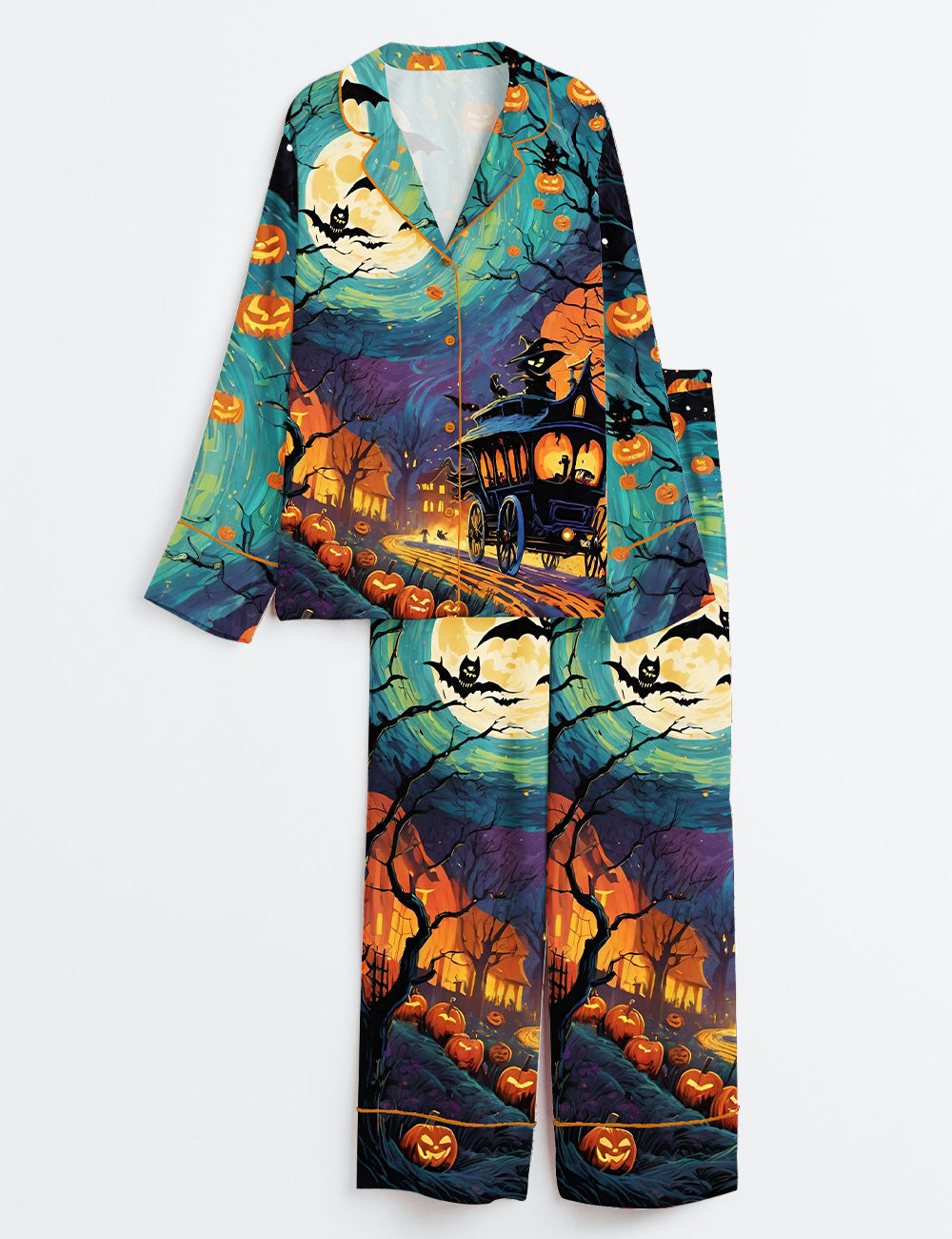 Women’s Halloween Pumpkin Carriage Horror Night Long Sleeve Satin Pajama Set