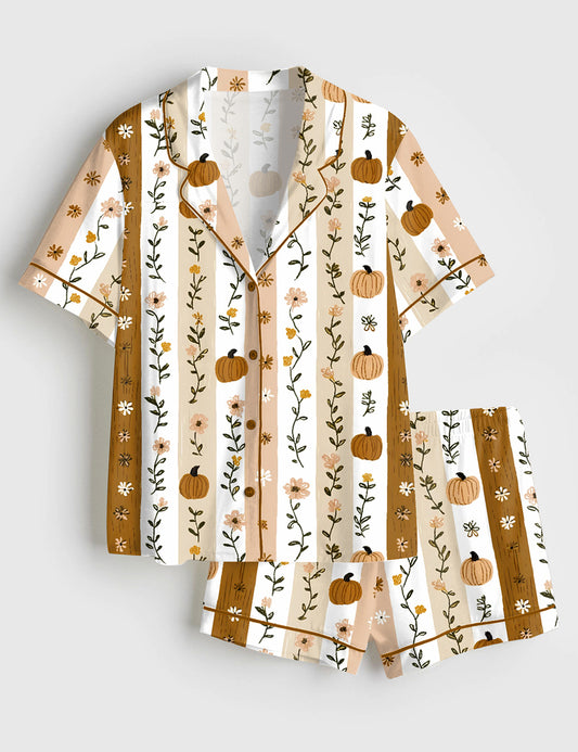 Women’s Autumn Pumpkin Flowers And Stripes Short Sleeve Satin Pajama Set
