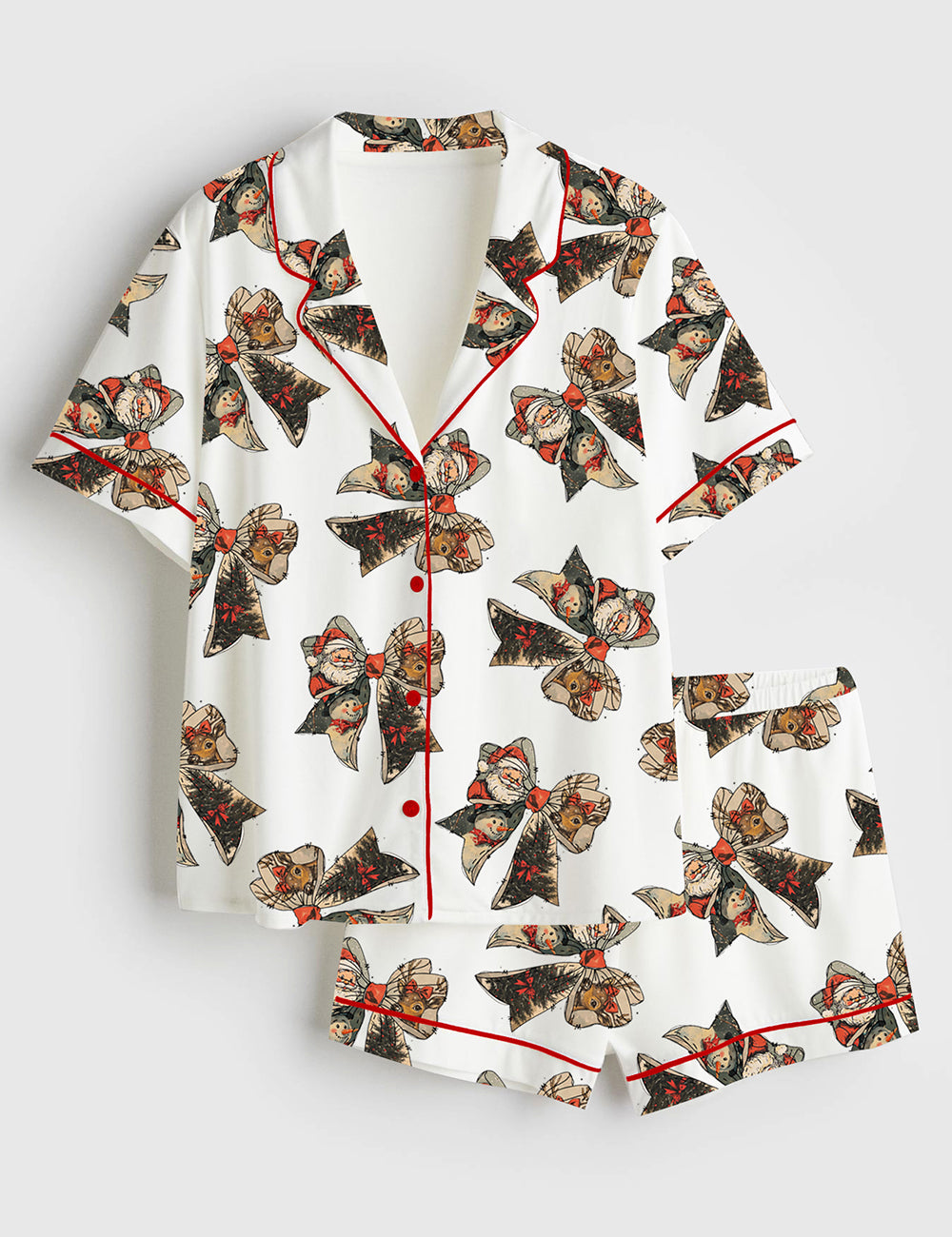 Women’s Christmas Coquette Bow Santa Claus Reindeer Snowman Short Sleeve Satin Pajama Set