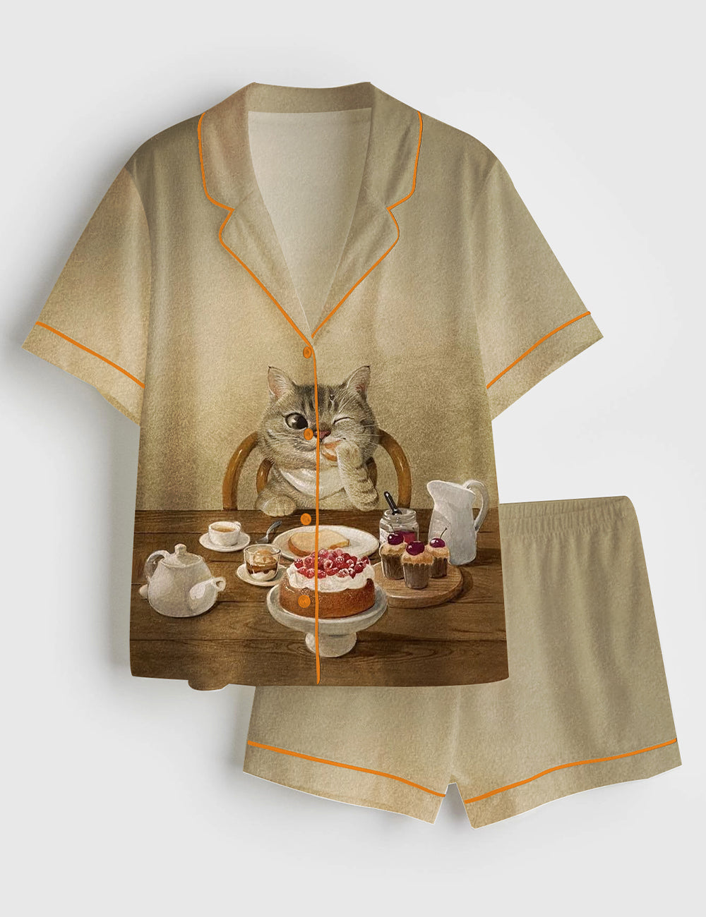 Women’s Cat Eating Cake Dessert Drinking Coffee Short Sleeve Satin Pajama Set