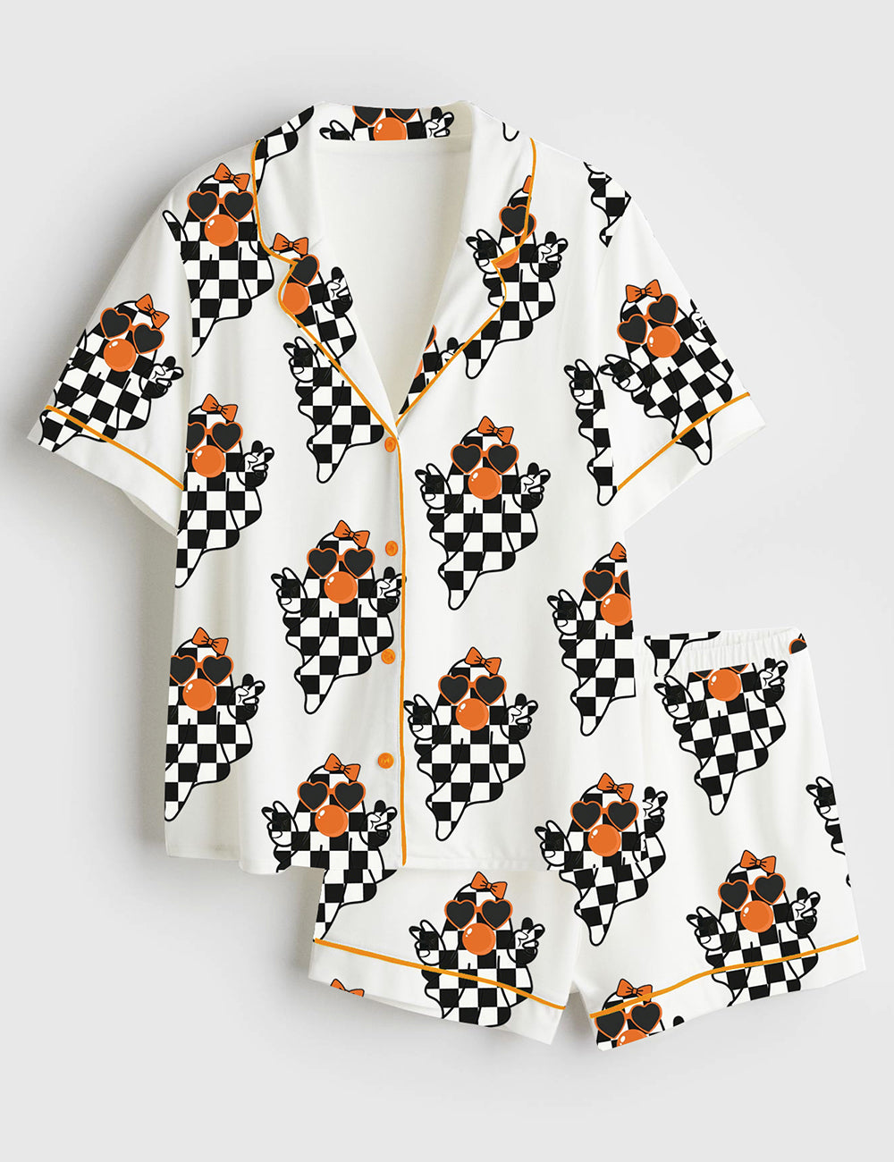 Women’s Spooky Ghost Say Hi Plaid Ghost Halloween Short Sleeve Satin Pajama Set