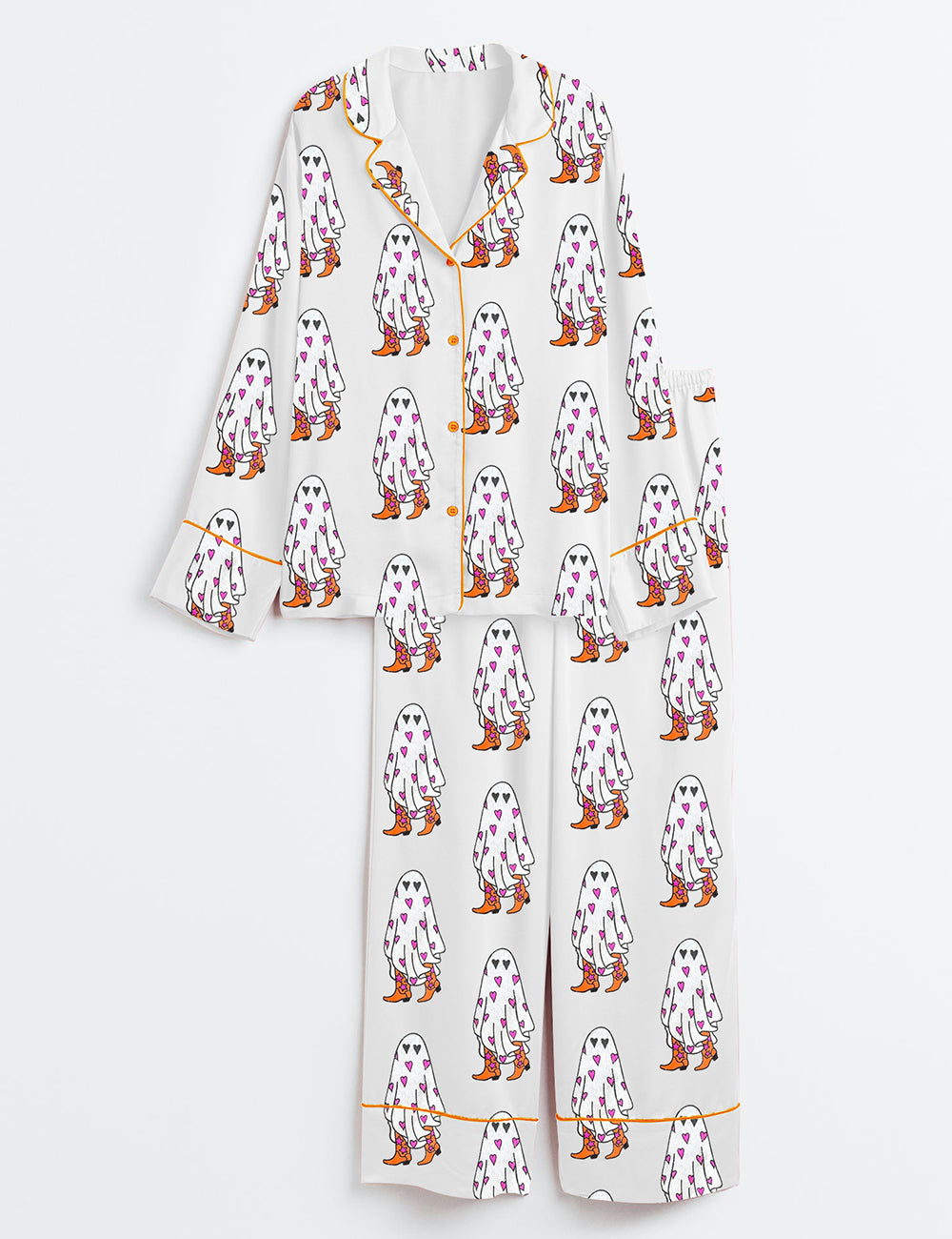 Women’s Boo In Boots Western Cowgirl Halloween Spooky Ghost Long Sleeve Satin Pajama Set