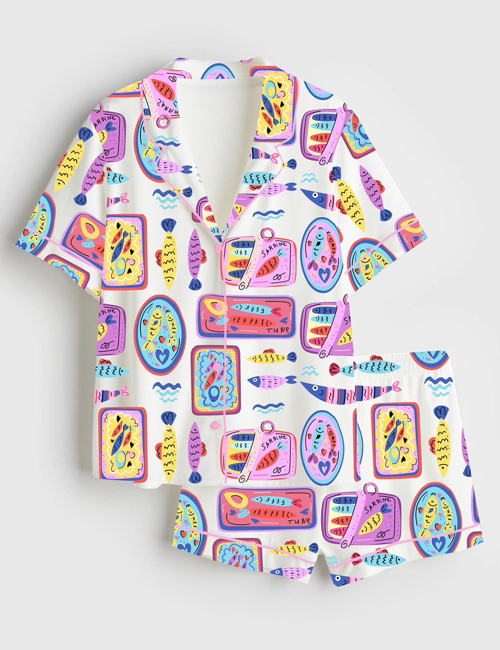 Women’s Summer Sardines Swim Safe Summer Fish Ocean Theme Aesthetic Summer Print Short Sleeve Satin Pajama Set