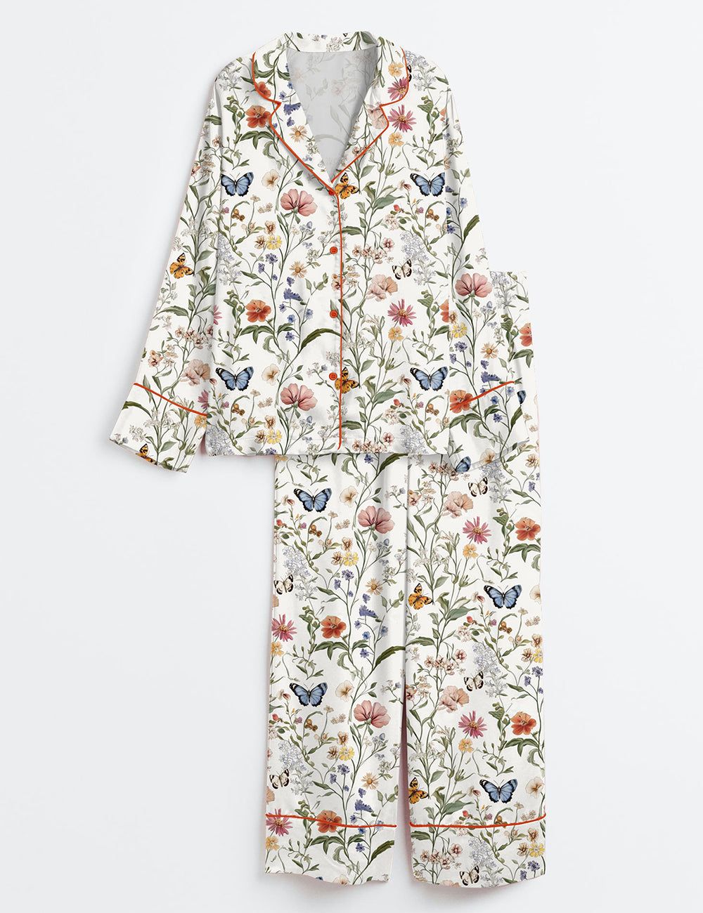 Women’s Wildflower Butterfly Vintage Spring Wildflower Print Long Sleeve Satin Pajama Set