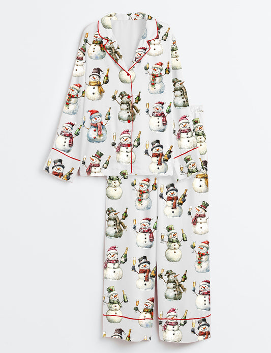 Women’s Snowman With Champagne Long Sleeve Satin Pajama Set