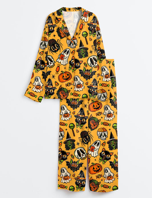 Women’s Spooky Halloween 2025 Trick Or Creeps Long Sleeve Satin Pajama Set